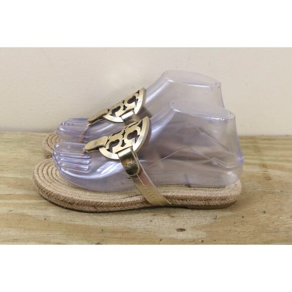 Tory Burch Espadrille Sandals 5M Miller Gold Logo Thong Shoes Flats - Picture 1 of 10